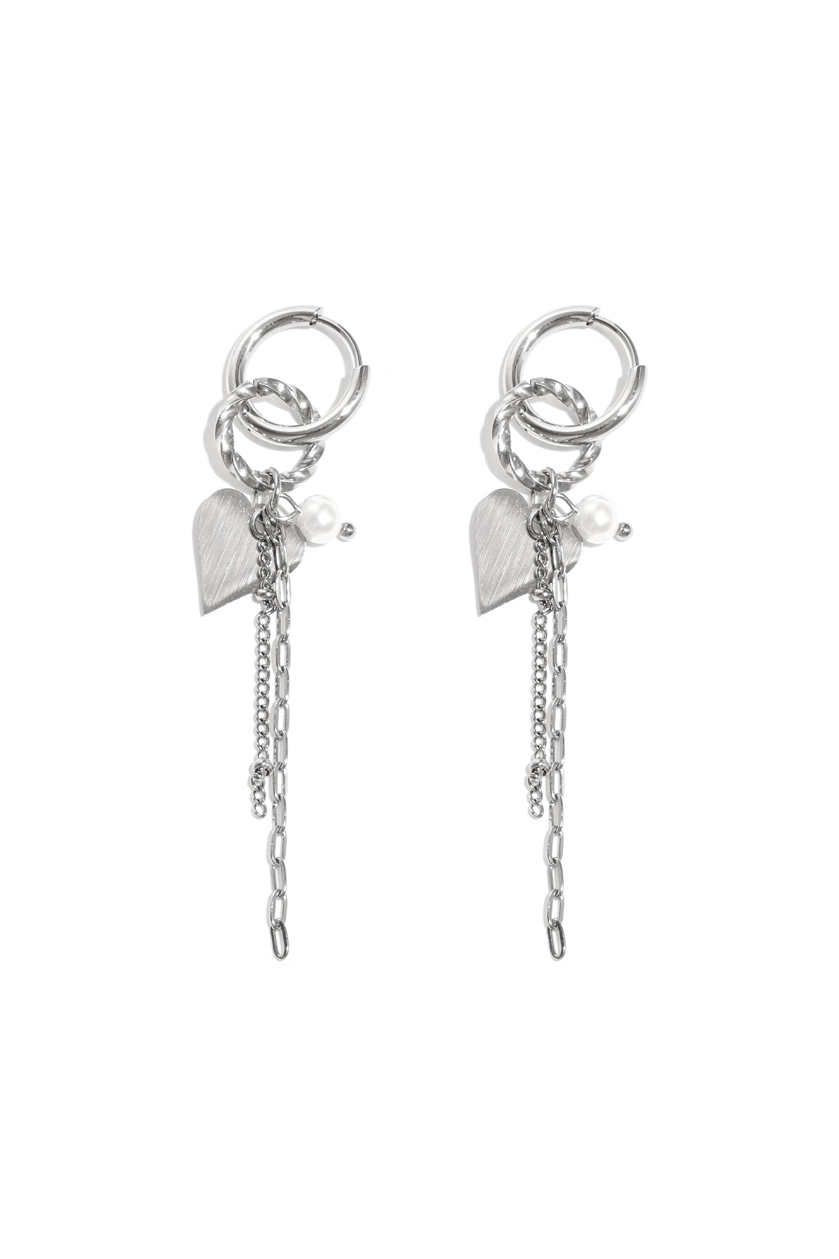 Pair of silver dangle hoop earrings with heart charms, pearls, and multiple chains on white background