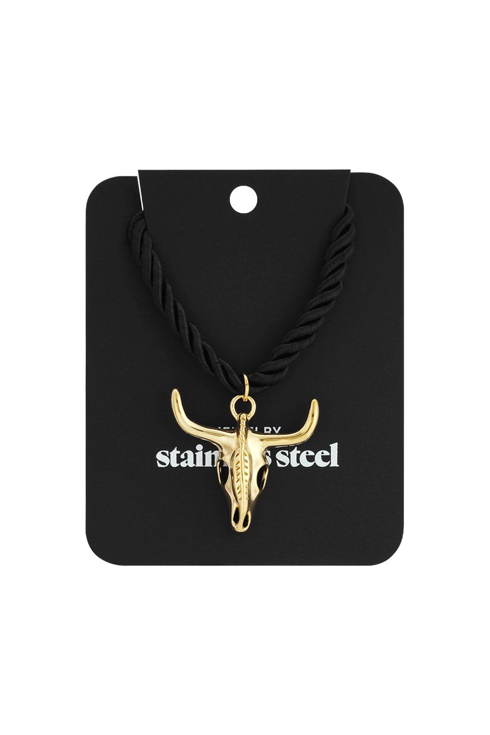 Gold-tone stainless steel bull skull pendant on a black twisted rope necklace against a black display card.