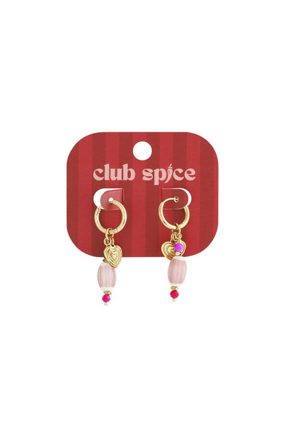 Gold hoop earrings featuring hanging gold heart charms, striped pink oval beads, and small bright pink accent beads.