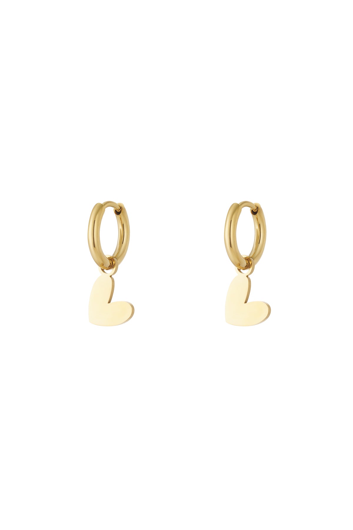 Pair of polished gold heart drop earrings with smooth hoops on plain white background