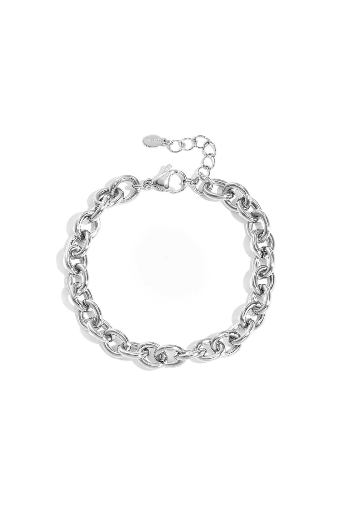 Silver link chain bracelet with oval interlocking links and lobster clasp with adjustable chain on white background