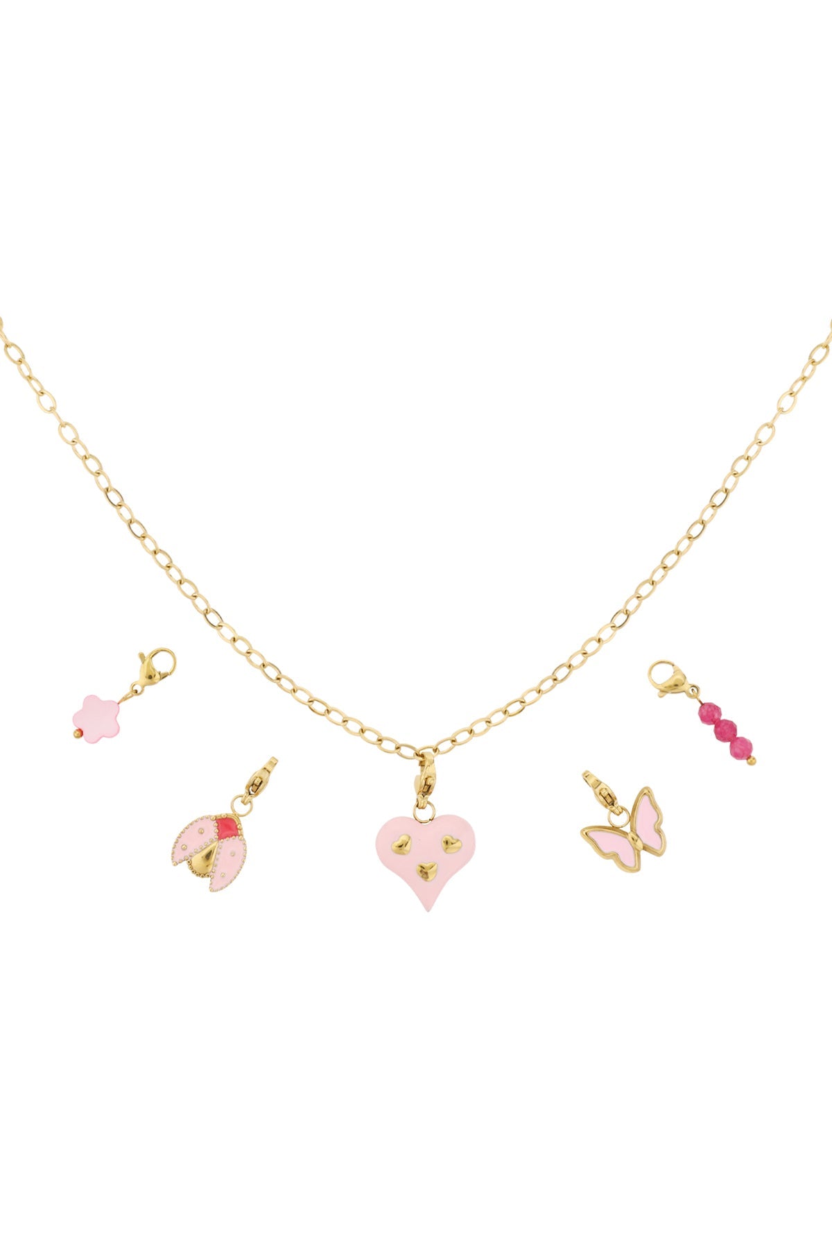 Gold chain necklace with removable pink enamel charms including heart, butterfly, ladybug, and beads laid out flat on white background