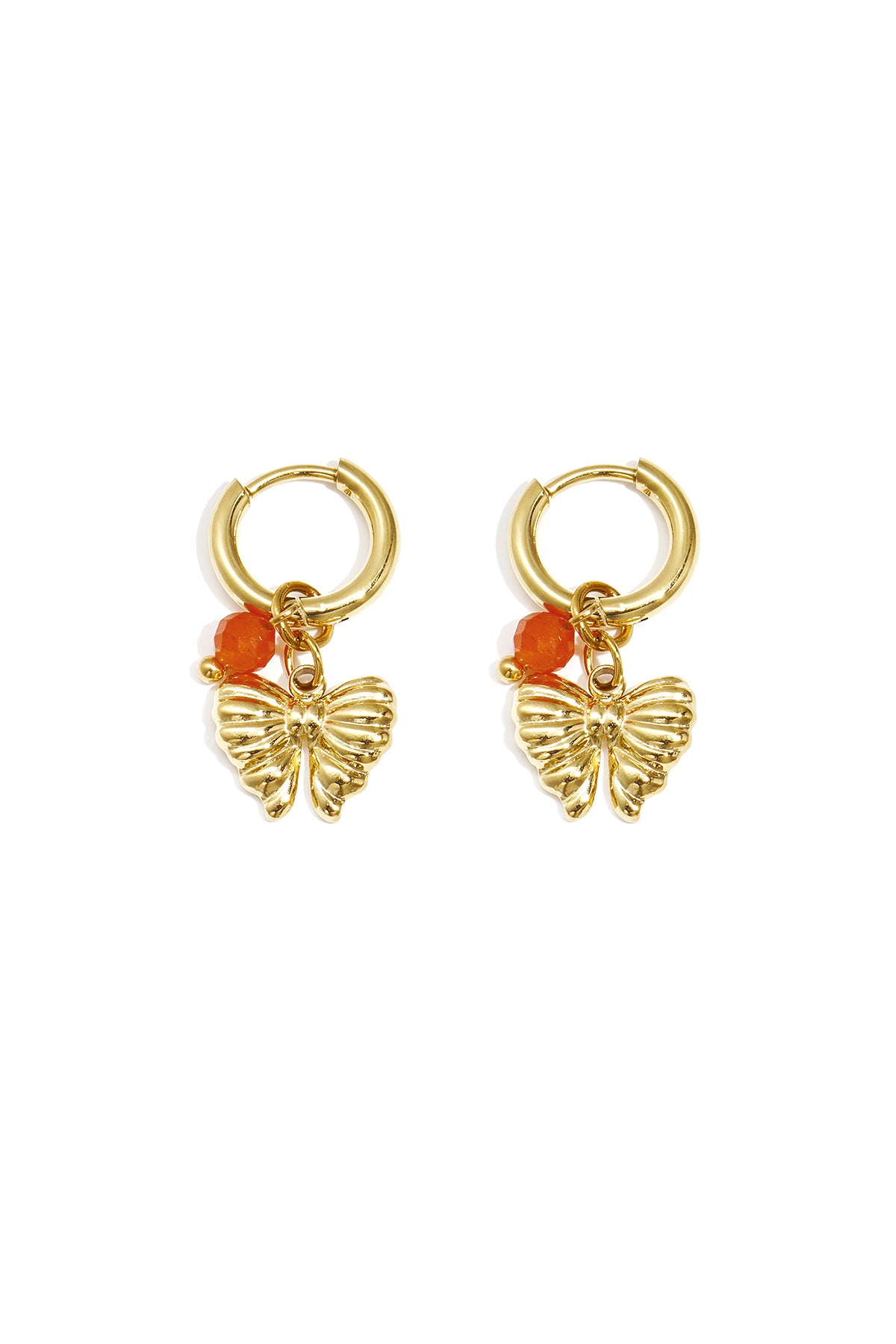 Pair of gold hoop earrings with butterfly charms and vibrant orange beads on white background