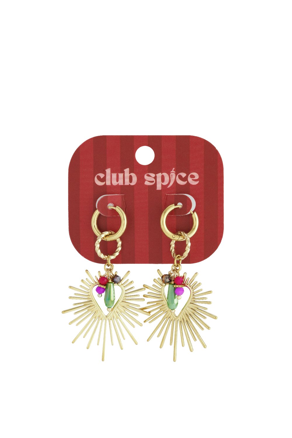 Gold hoop earrings featuring radiant sunburst heart charms with small, colorful bead accents on a red display card.