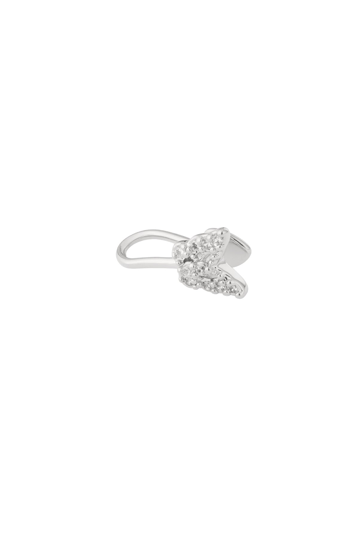 Silver-tone butterfly nose and ear cuff with clear zircon accents photographed on white background
