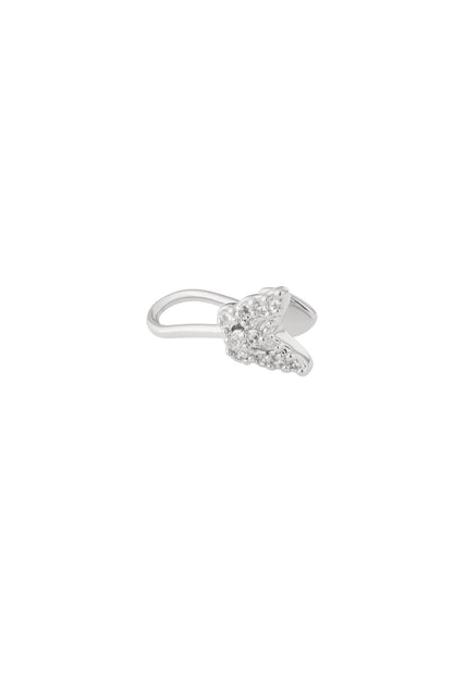 Silver-tone butterfly nose and ear cuff with clear zircon accents photographed on white background