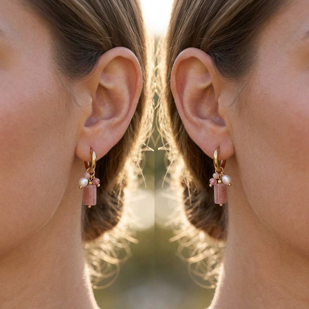 Close-up of dainty charm hoops with pearls, stones, and glass elements catching sunlight outdoors.