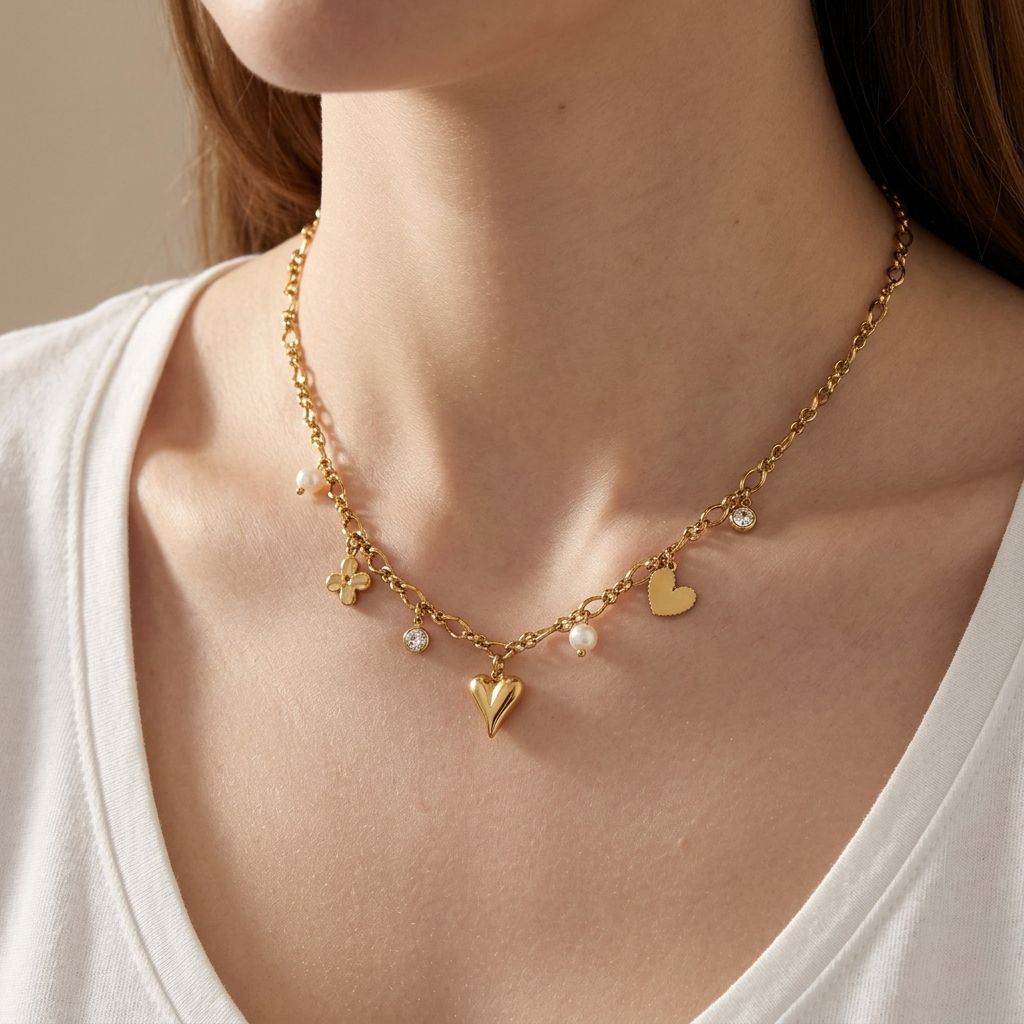 Close-up of a Dazzling Heart Charm necklace with rhinestones and imitation pearl on textured velvet, highlighting its sparkle and elegant design.