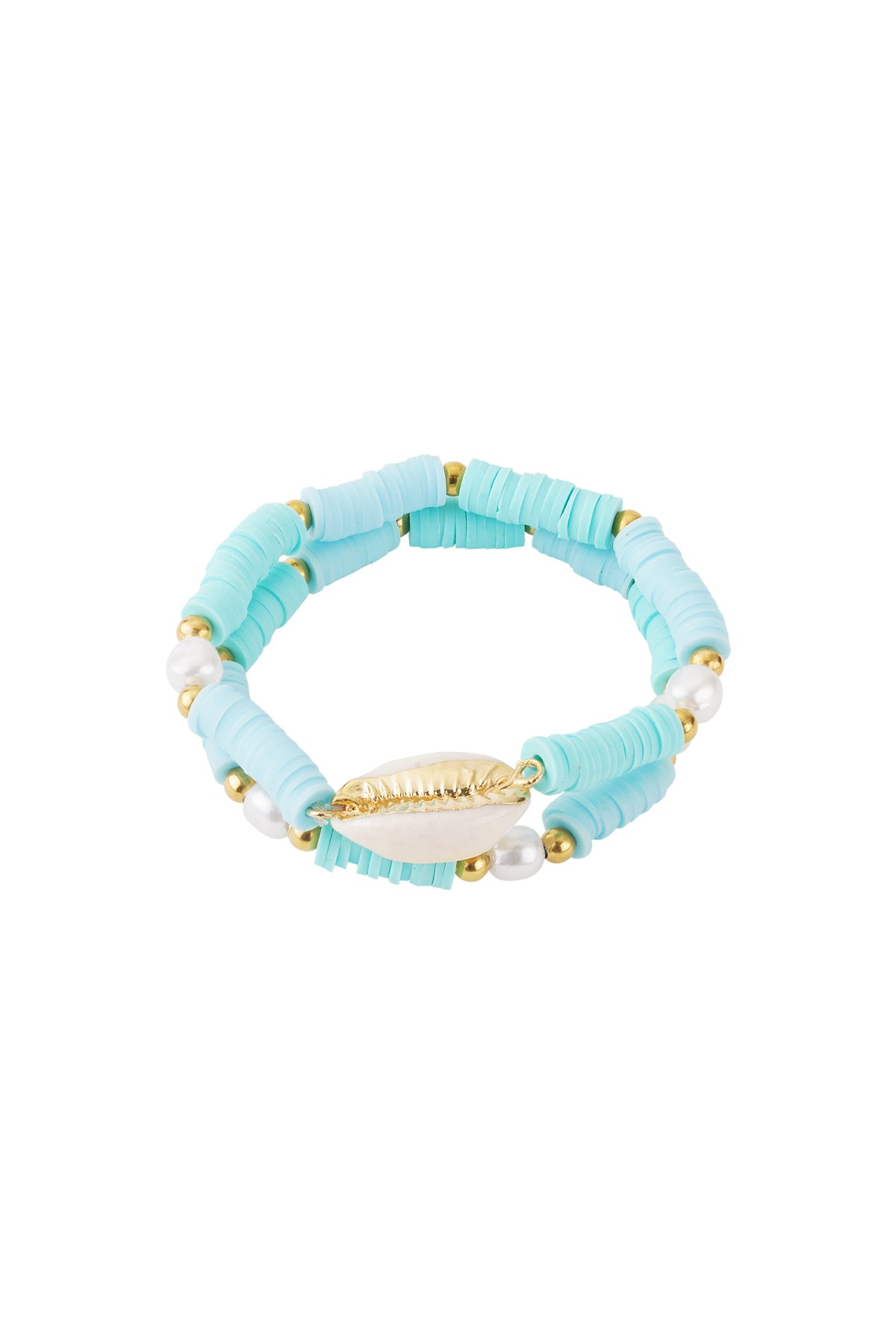 Light blue shell beaded bracelet set composed of polymer bead discs, faux pearls, and gold-tone shell charm on white background