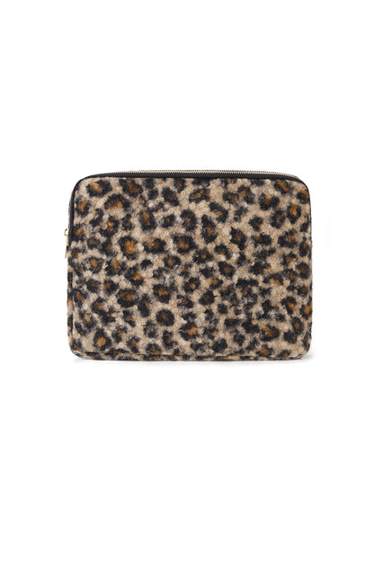 Angled front view of plush leopard print laptop sleeve showcasing full pattern and zipper