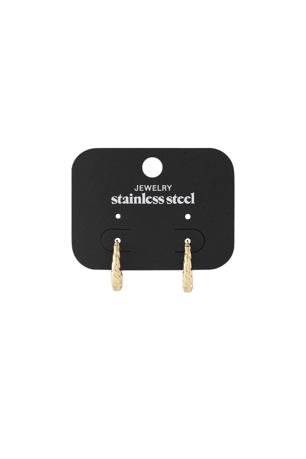 Twisted Gold Swirls: Small gold-tone stainless steel hoop earrings with a twisted, textured design on a black display card.