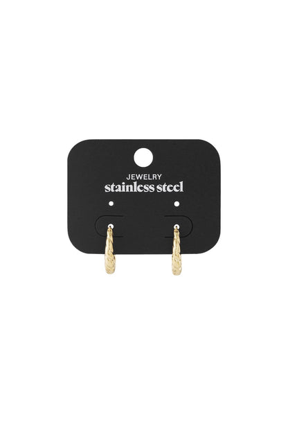 Twisted Gold Swirls: Small gold-tone stainless steel hoop earrings with a twisted, textured design on a black display card.
