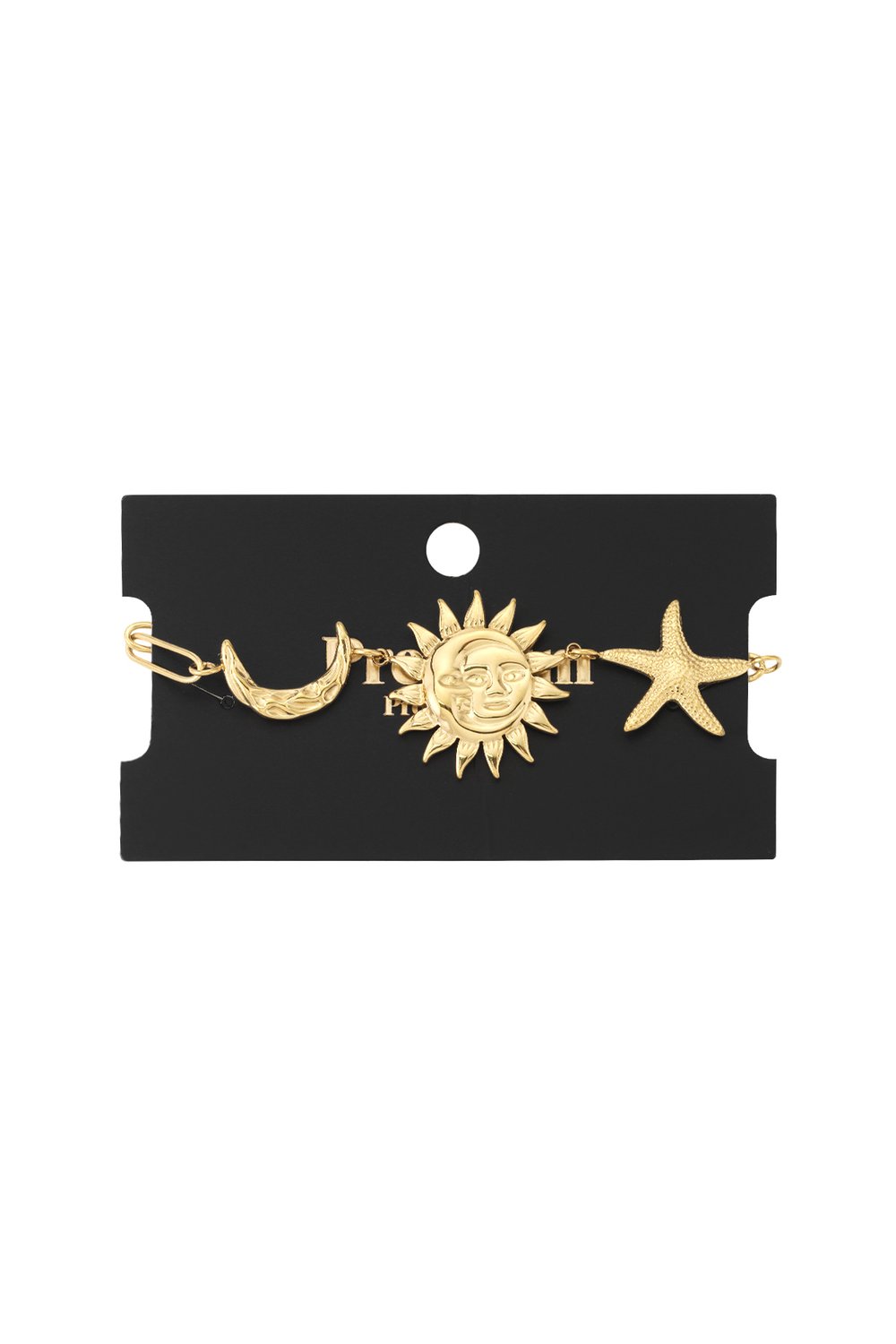Gold chain bracelet featuring celestial charms: a crescent moon, a face-engraved sun, and a textured starfish.