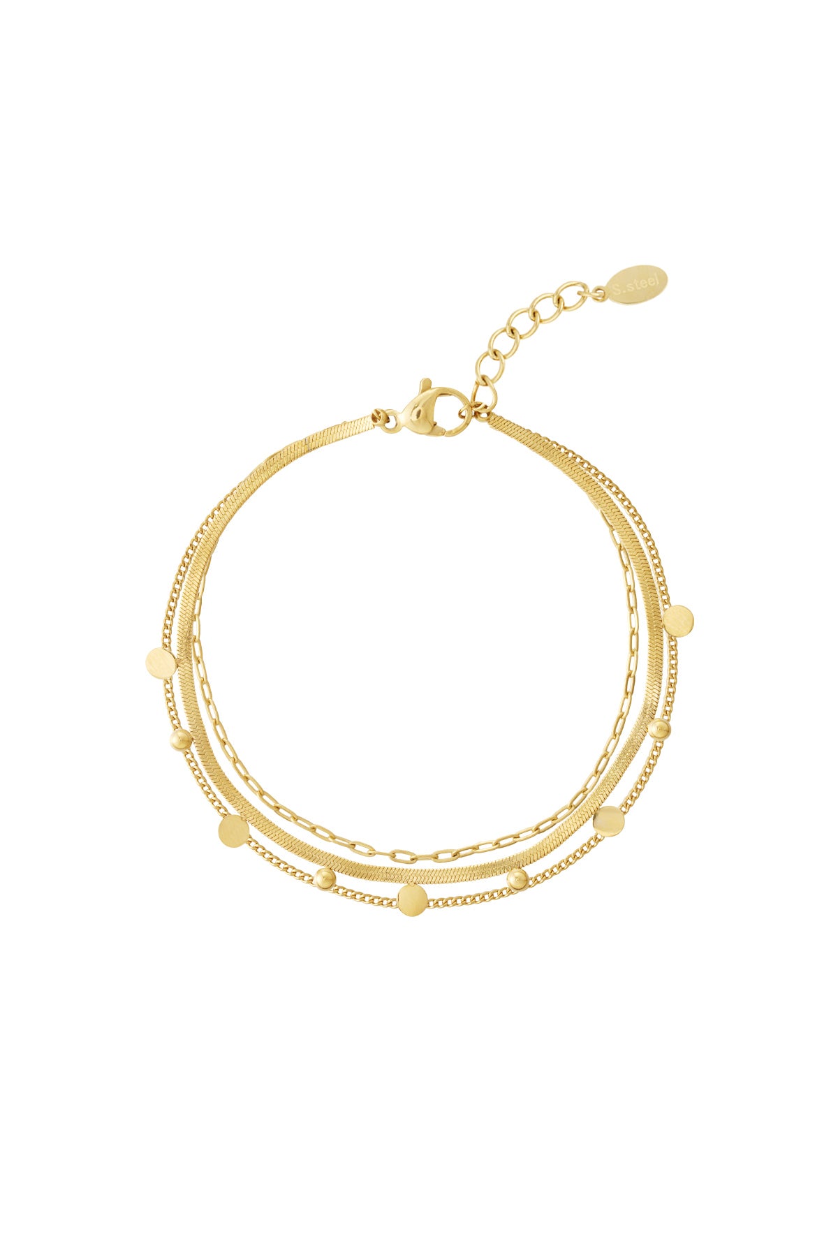 Close-up of a layered gold chain bracelet with small round dot accents and lobster clasp on white background