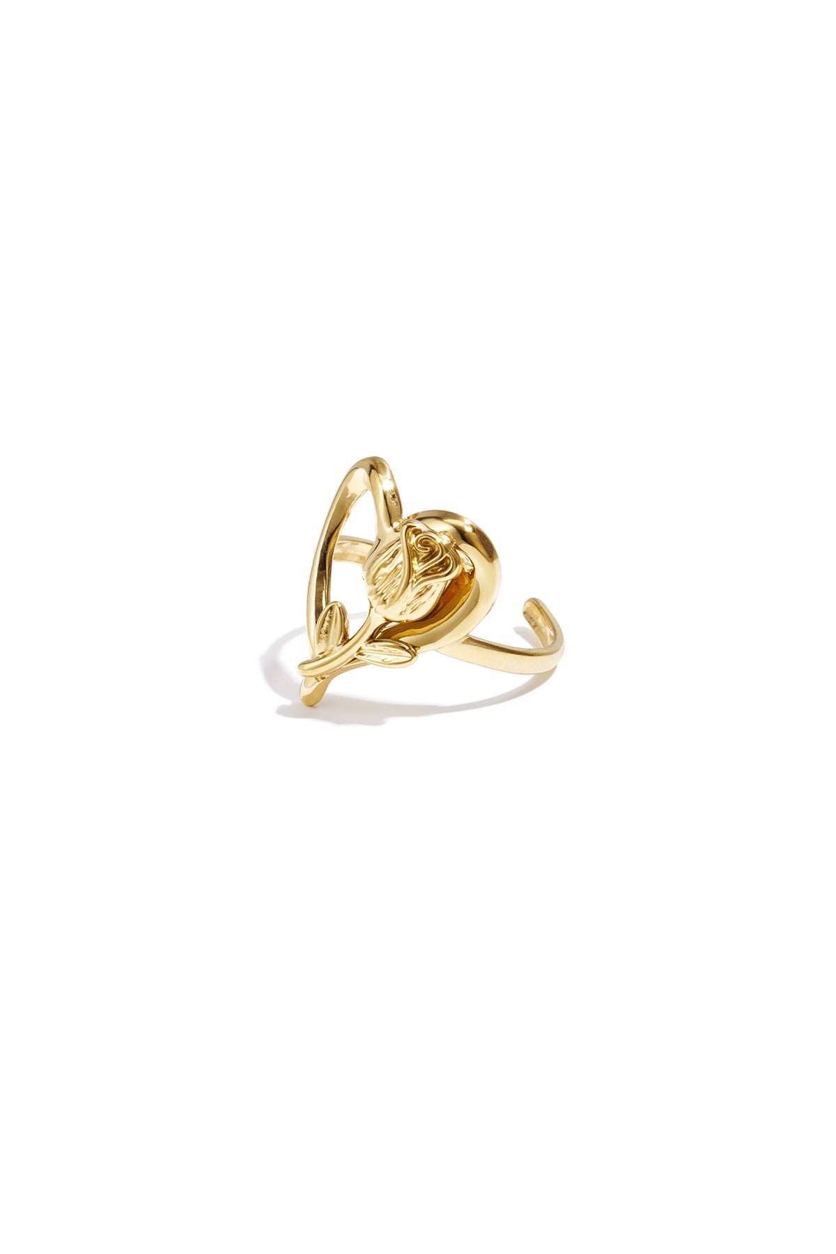 Gold-tone adjustable open heart ring with detailed rose and leaves design on white background