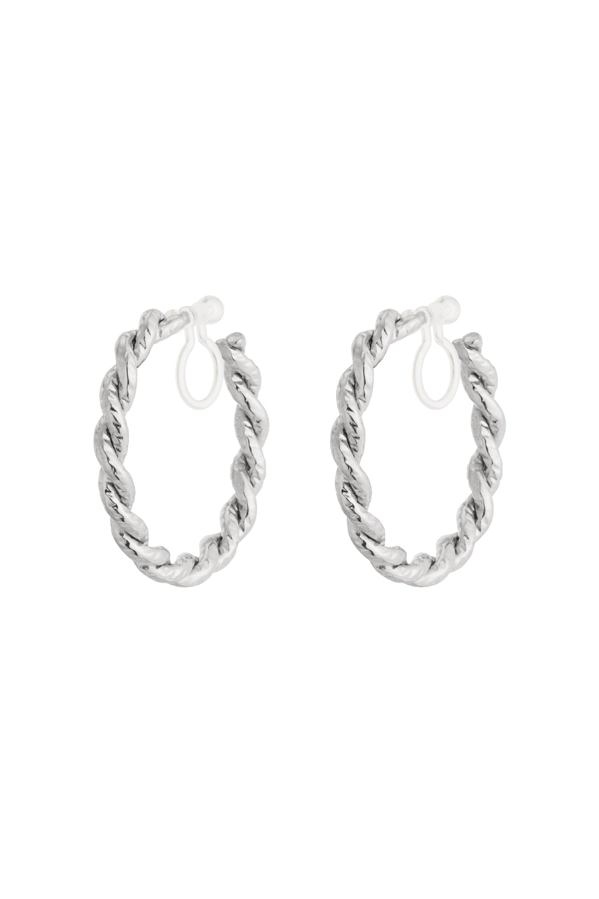 Silver-toned clip-on hoop earrings with twisted texture on white background