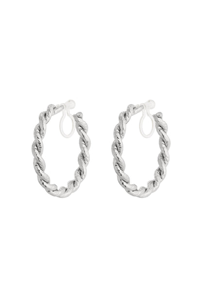 Silver-toned clip-on hoop earrings with twisted texture on white background