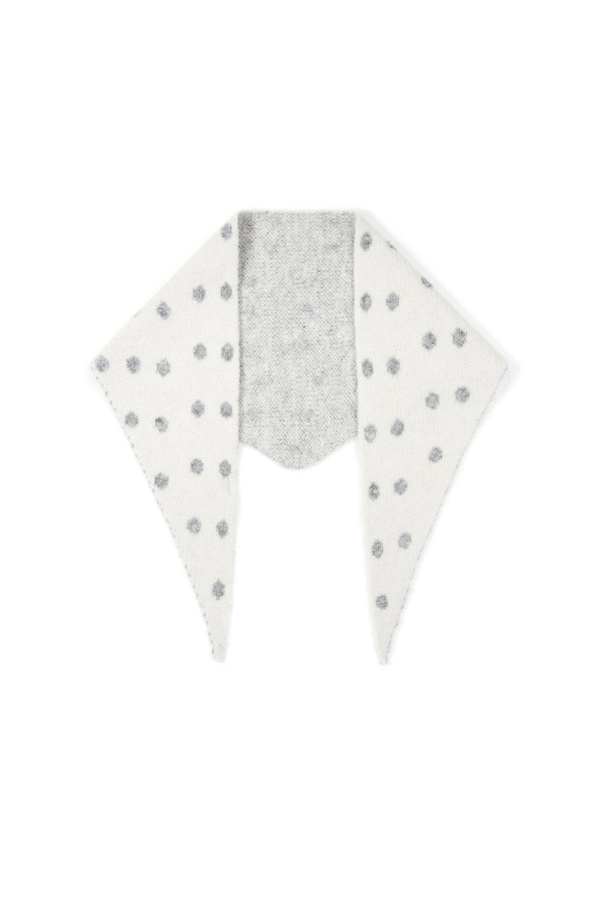 Soft knit triangle scarf in white with gray polka dots, flat lay on white background