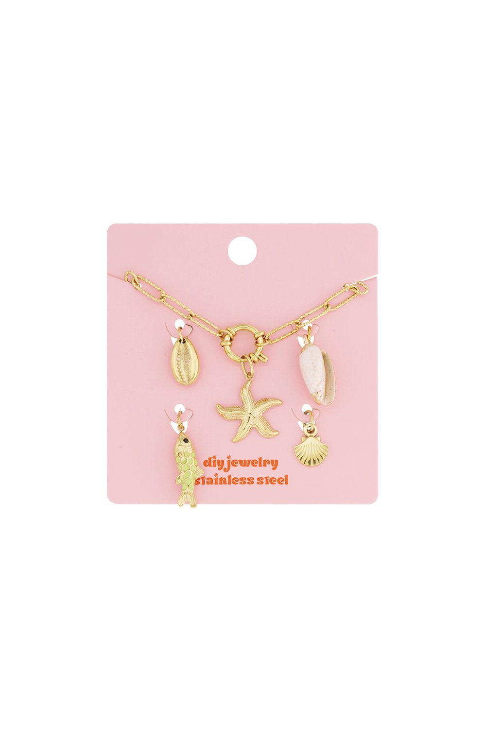 Gold stainless steel chain bracelet with dangling starfish, fish, and seashell charms on a pink display card.