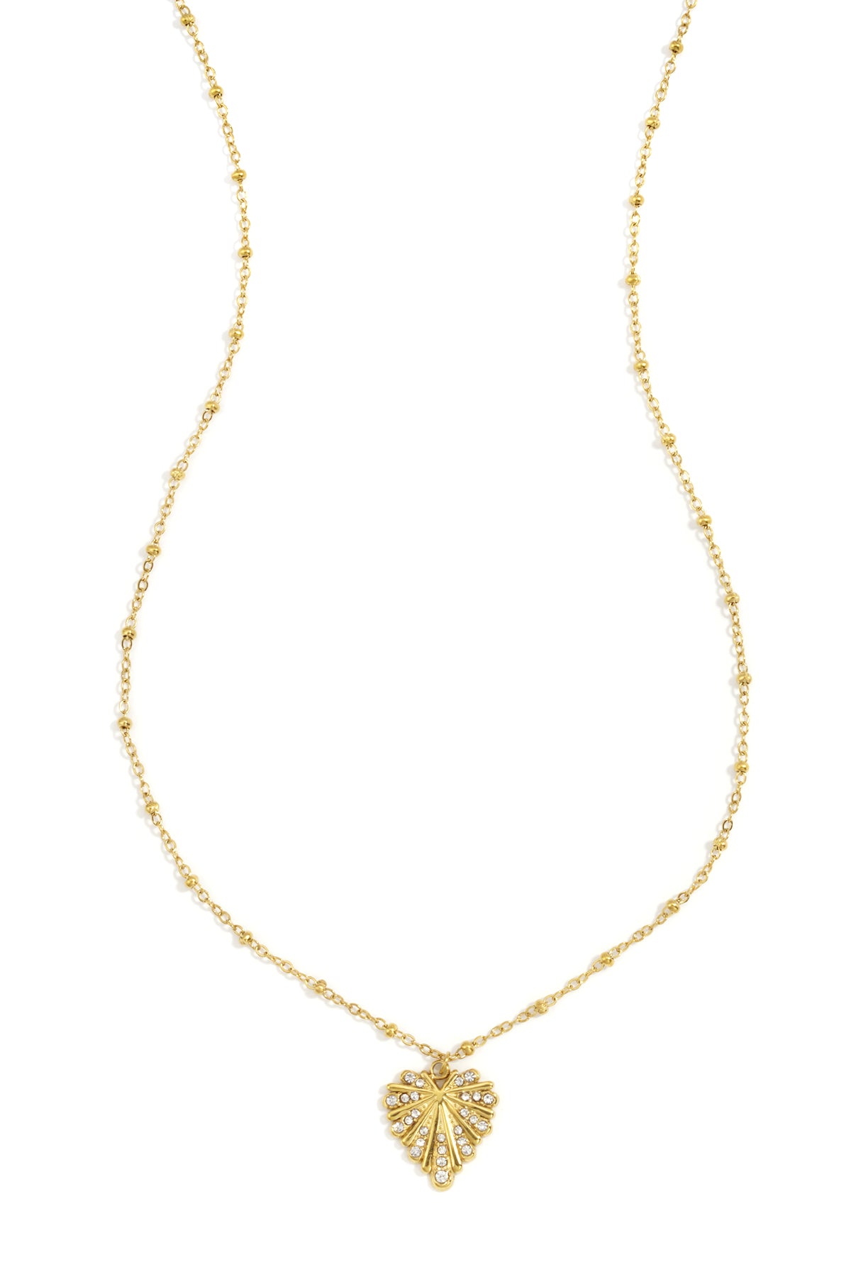 Gold crystal leaf pendant necklace with beaded chain on white background