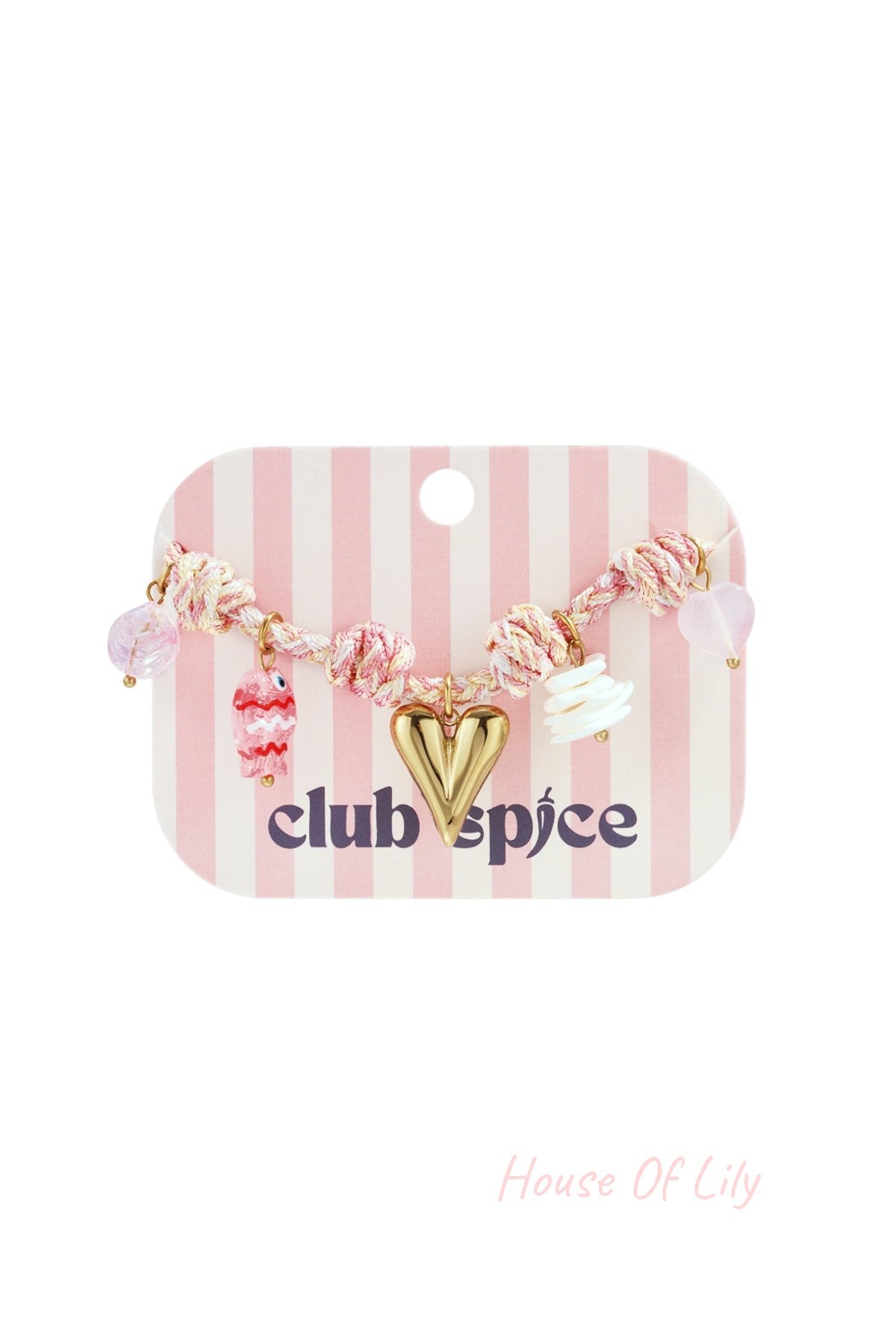 Pastel pink and white knot rope charm bracelet displayed on striped pink and white club spice card with heart and fish charms