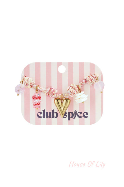 Pastel pink and white knot rope charm bracelet displayed on striped pink and white club spice card with heart and fish charms