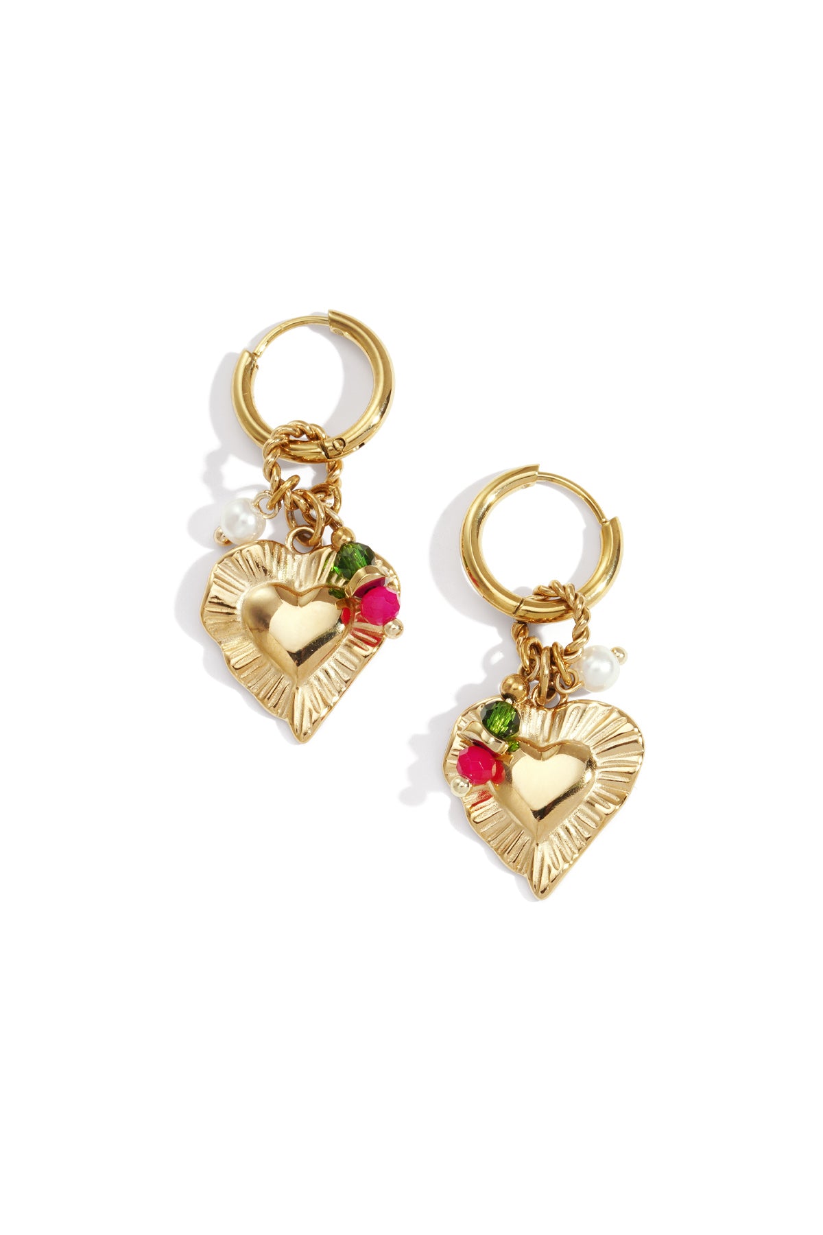 Pair of gold-tone heart charm drop earrings with pink and green beads and small pearls displayed on white background