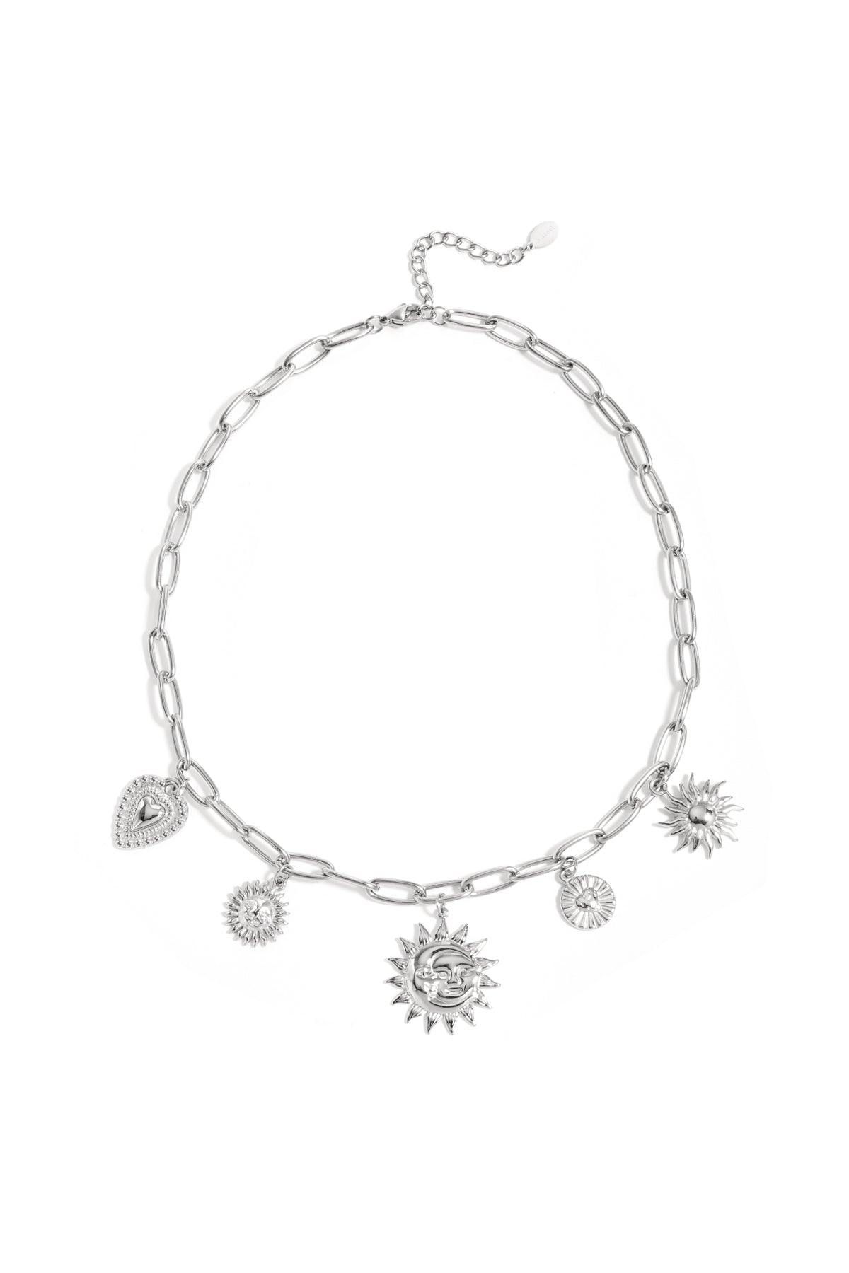 Silver-tone chunky chain necklace with sun and heart charms laid flat on white background