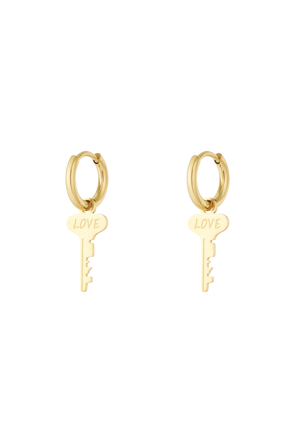 Pair of gold hoop earrings with dangling key-shaped charms engraved with the word 'LOVE' on a white background