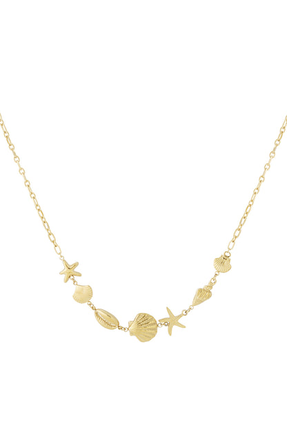 Gold tone seaside charm necklace featuring starfish and various shell pendants on delicate chain