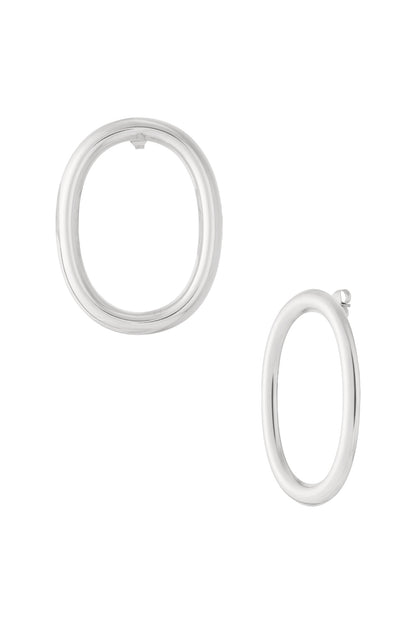 Silver oval hoop earrings shown from front and side views on white background