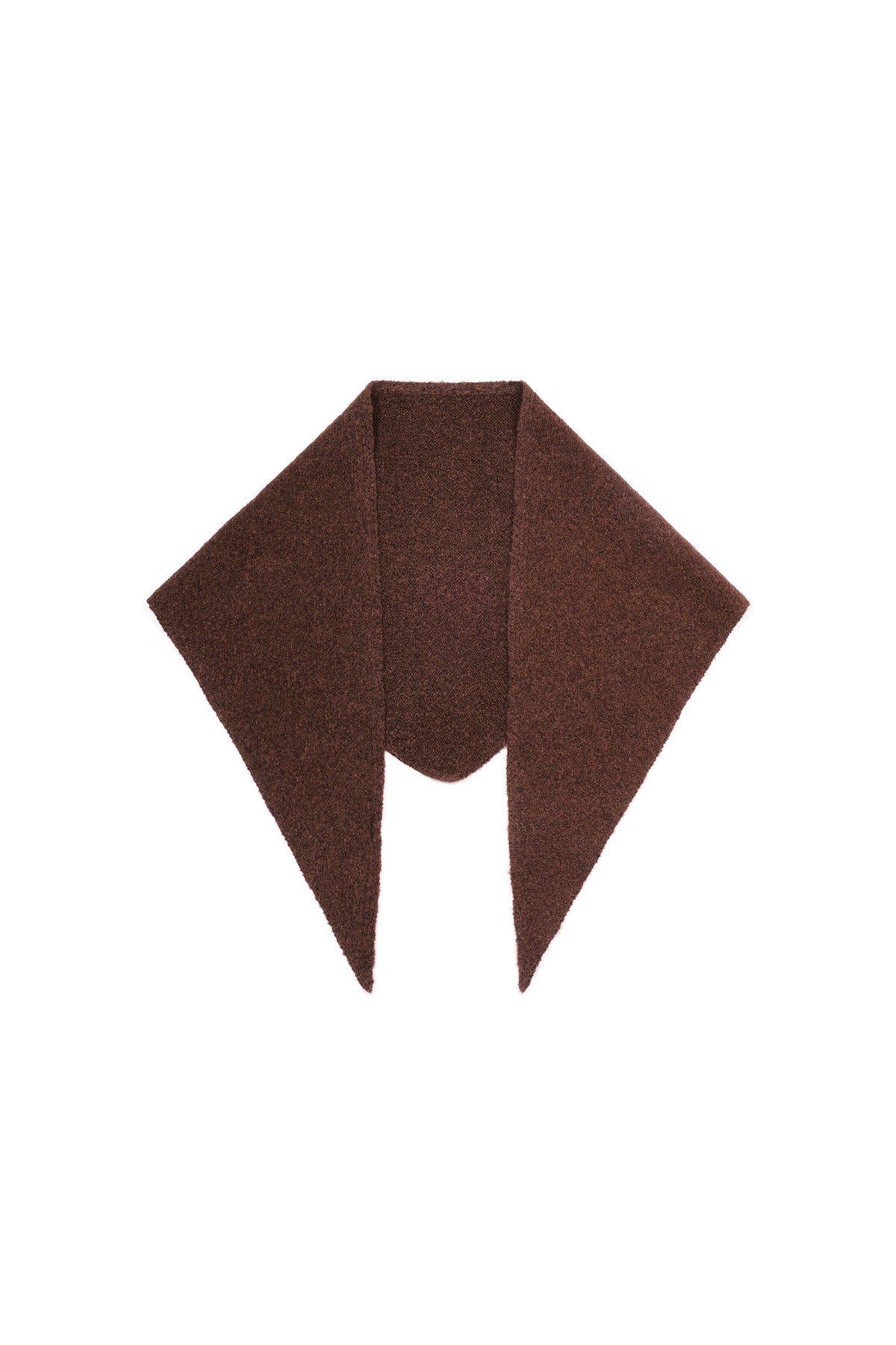 Brown triangular soft knit winter scarf laid flat on white background
