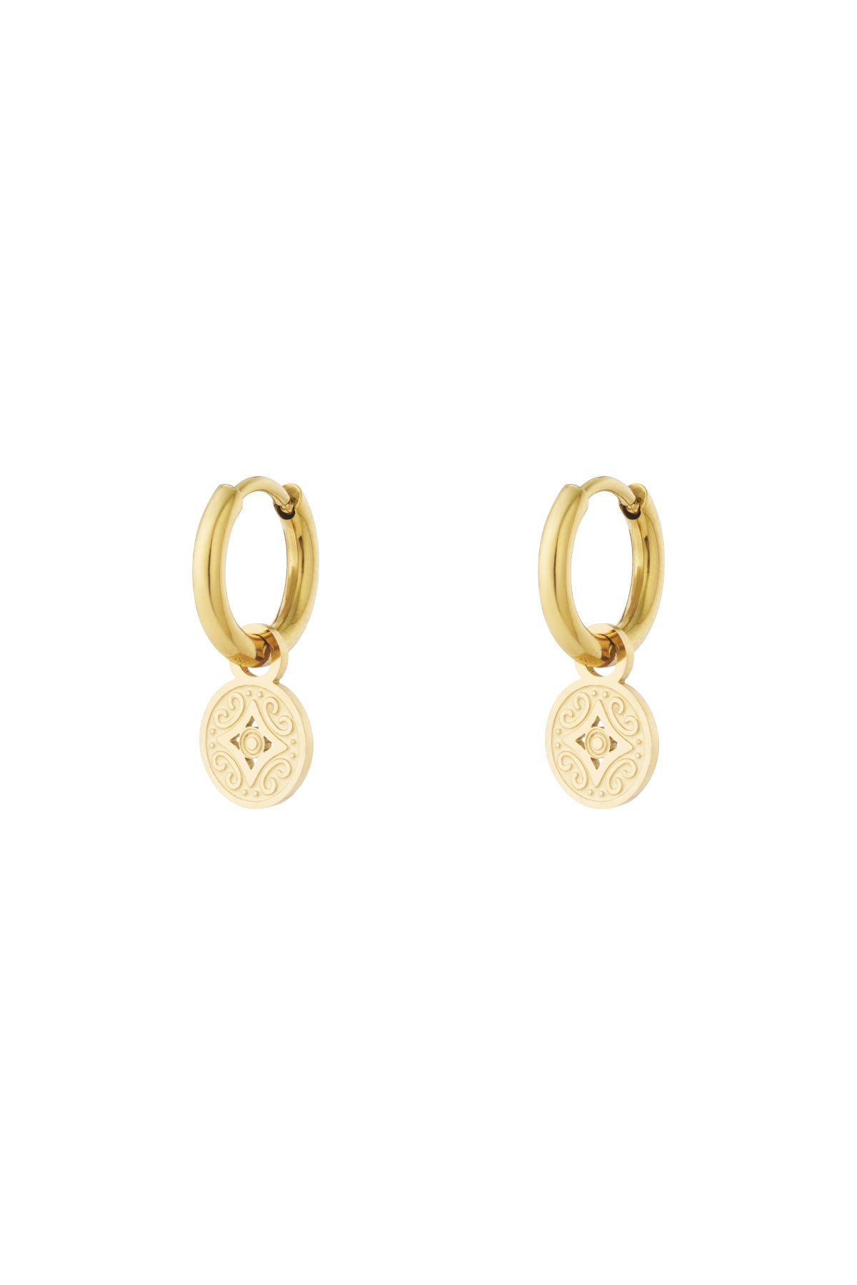 Gold-tone stainless steel hoop earrings with engraved round charm detail on white background