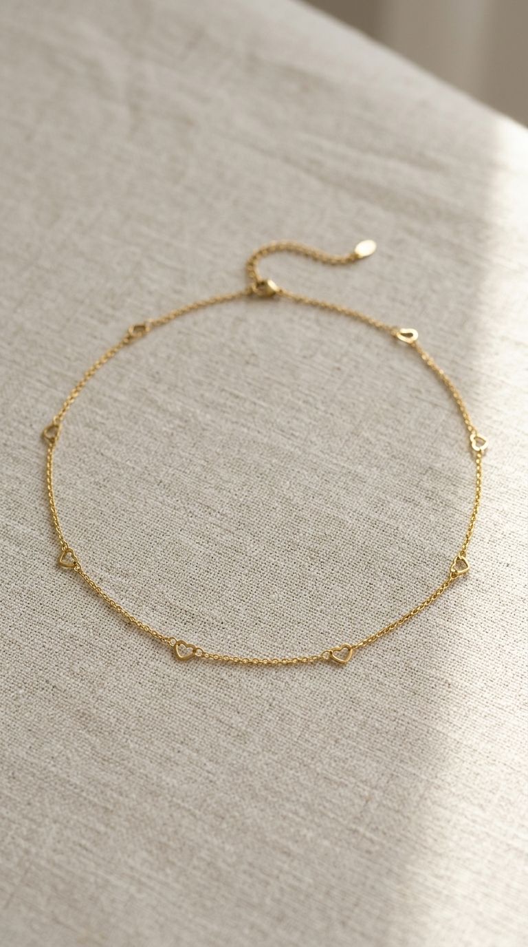 Small gold-plated stainless steel heart chain necklace draped on soft fabric, highlighting its fine texture and feminine style.