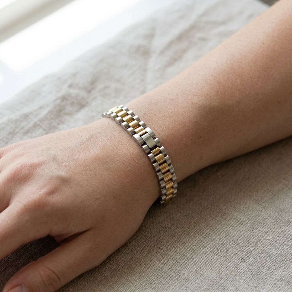 Small delicate version of the Iconic Chunky Link Chain bracelet on textured surface, showcasing polished stainless steel links and fold-over clasp.