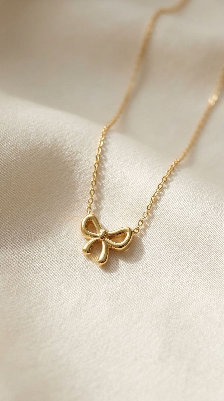 Small 'Total Bow Era' necklace with bow pendant on silk fabric, highlighting polished stainless steel and refined detail.
