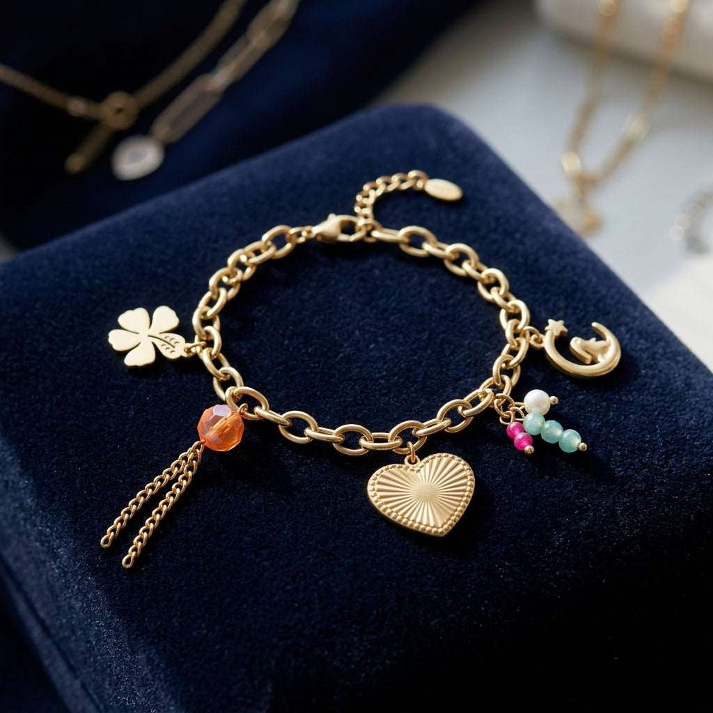 Close-up of a stainless steel charm bracelet with crystal and pearl charms on velvet, highlighting its fine texture and elegant design.
