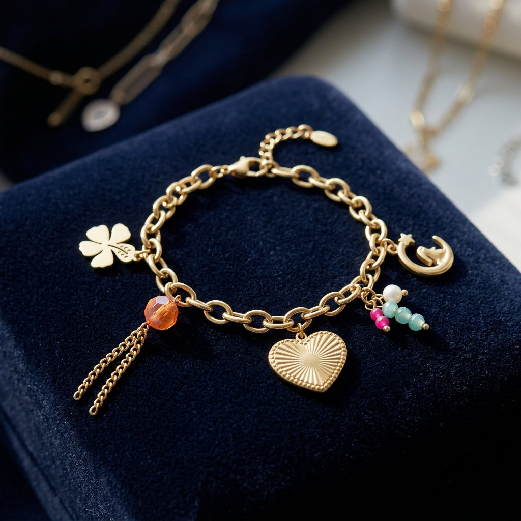 Close-up of a stainless steel charm bracelet with crystal and pearl charms on velvet, highlighting its fine texture and elegant design.