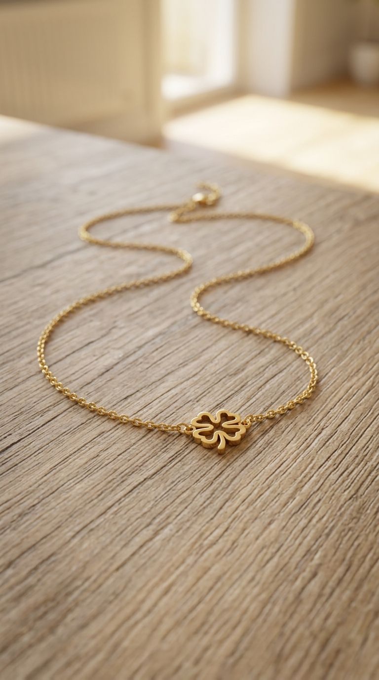 Close-up of the 'Total Lucky Energy' stainless steel four-leaf clover necklace resting on textured wood under warm natural light, highlighting its fine detail.