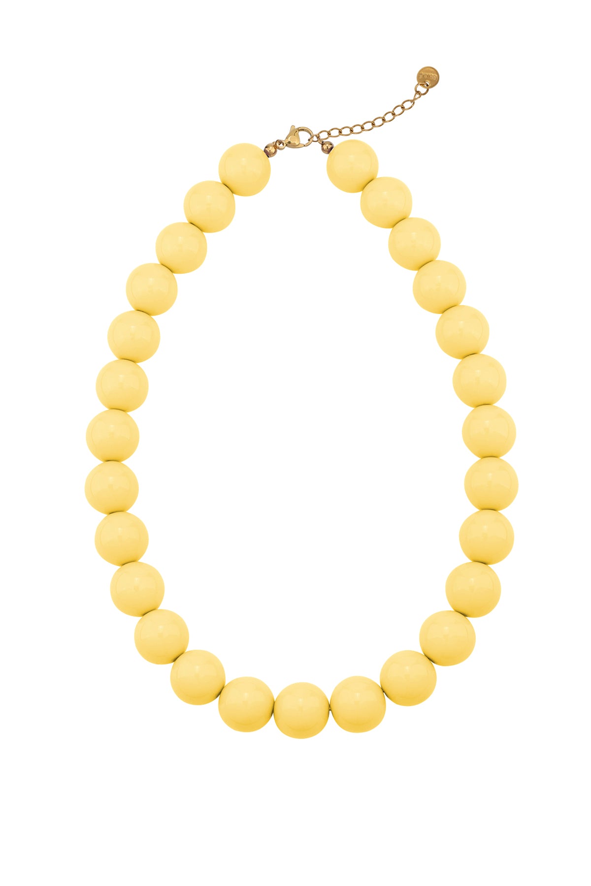 Chunky necklace made of round, smooth, pale yellow beads with a gold-tone metal clasp and extender chain.