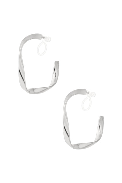 Pair of silver twisted square clip-on earrings with smooth reflective surface