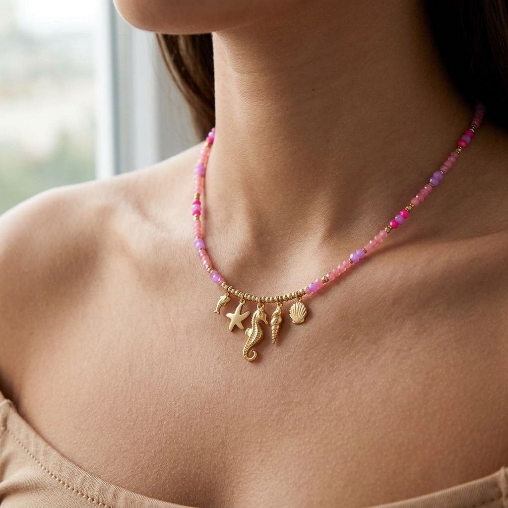 Close-up of Dolphin Core Charm necklace with starfish and glass beads on model's collarbone in soft daylight, highlighting oceanic casual style and delicate textures.