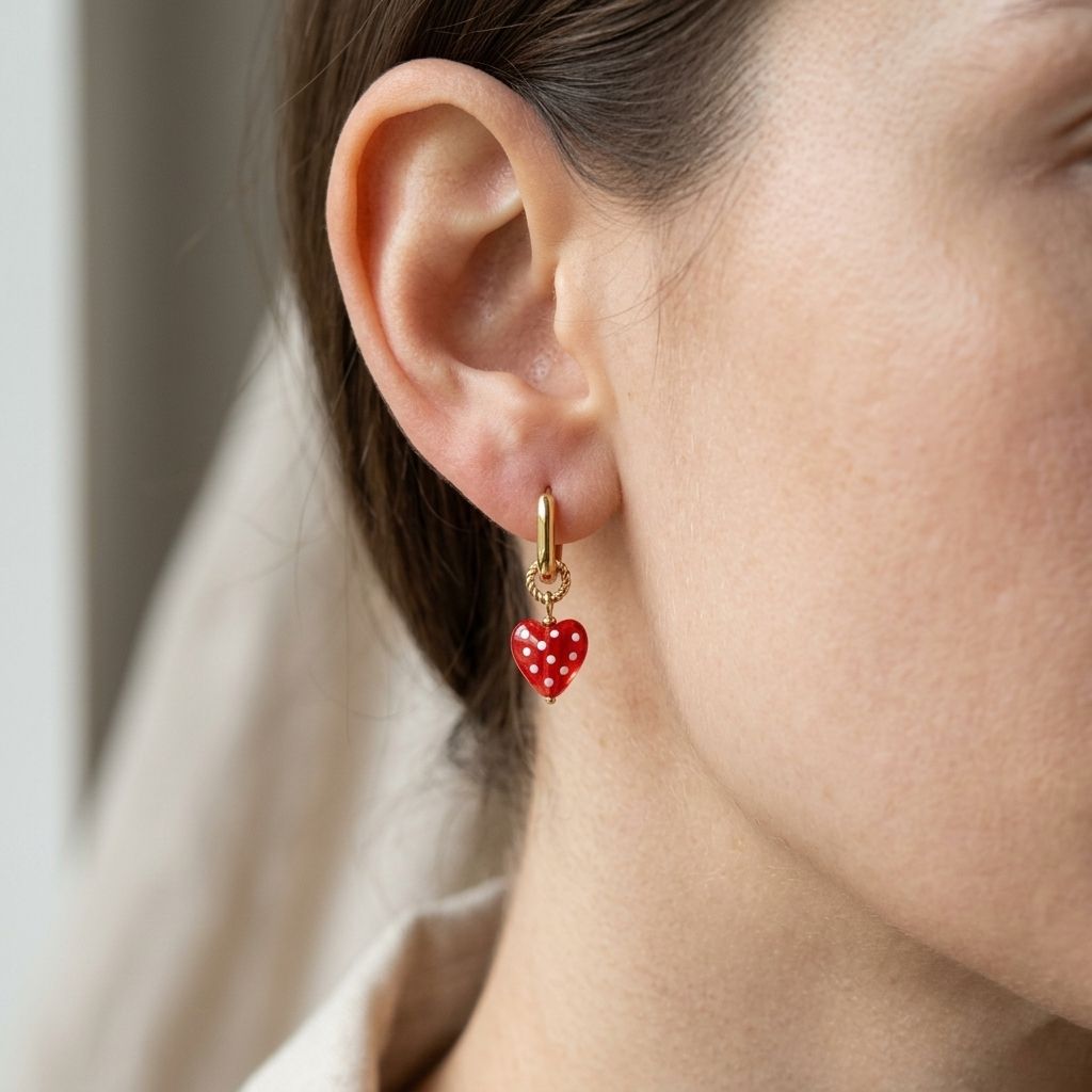 Delicate stainless steel dotted heart drop earrings on neutral fabric background, highlighting fine texture and minimalist design.