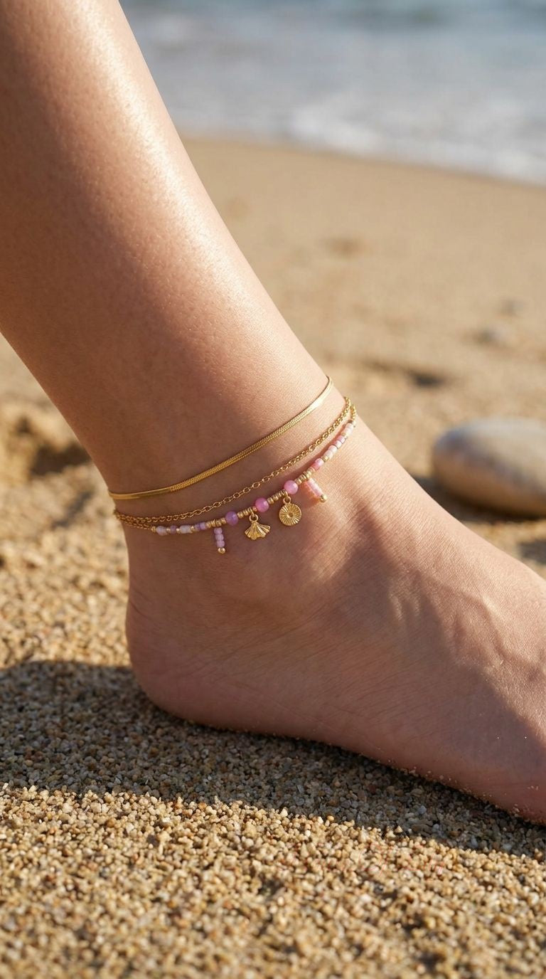 Close-up of a double layer anklet with pastel beads and shell charms on a model's ankle, set against sandy outdoor surface.