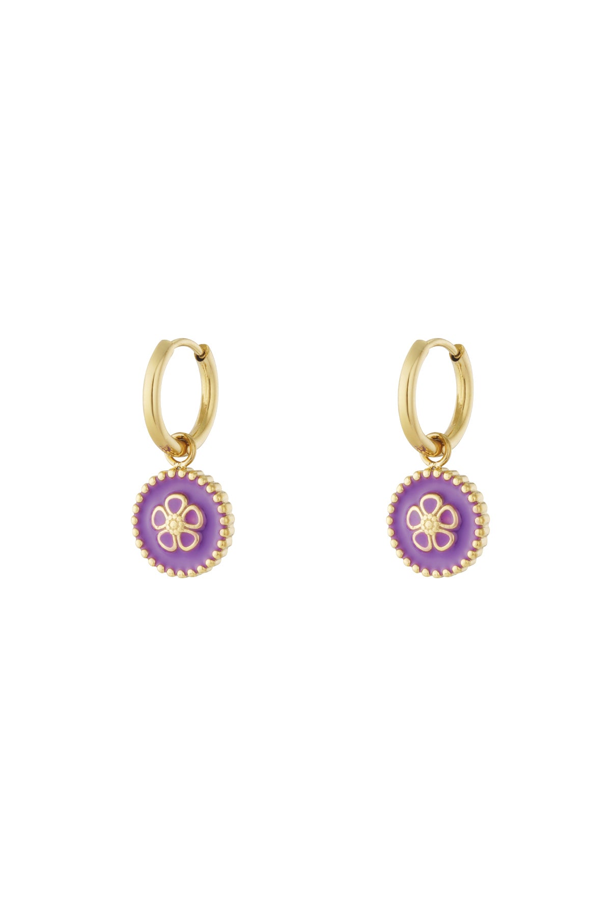 Gold-tone hoop drop earrings with purple enamel flower charm and beaded edge on white background
