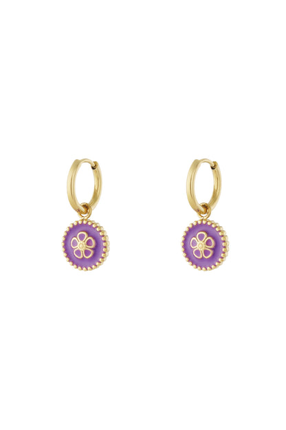 Gold-tone hoop drop earrings with purple enamel flower charm and beaded edge on white background