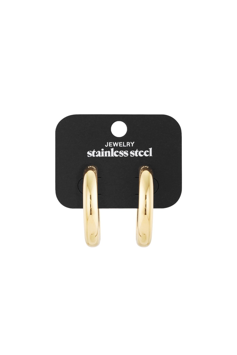 Iconic Chunky Gold Hoops made of polished stainless steel on a black display card.