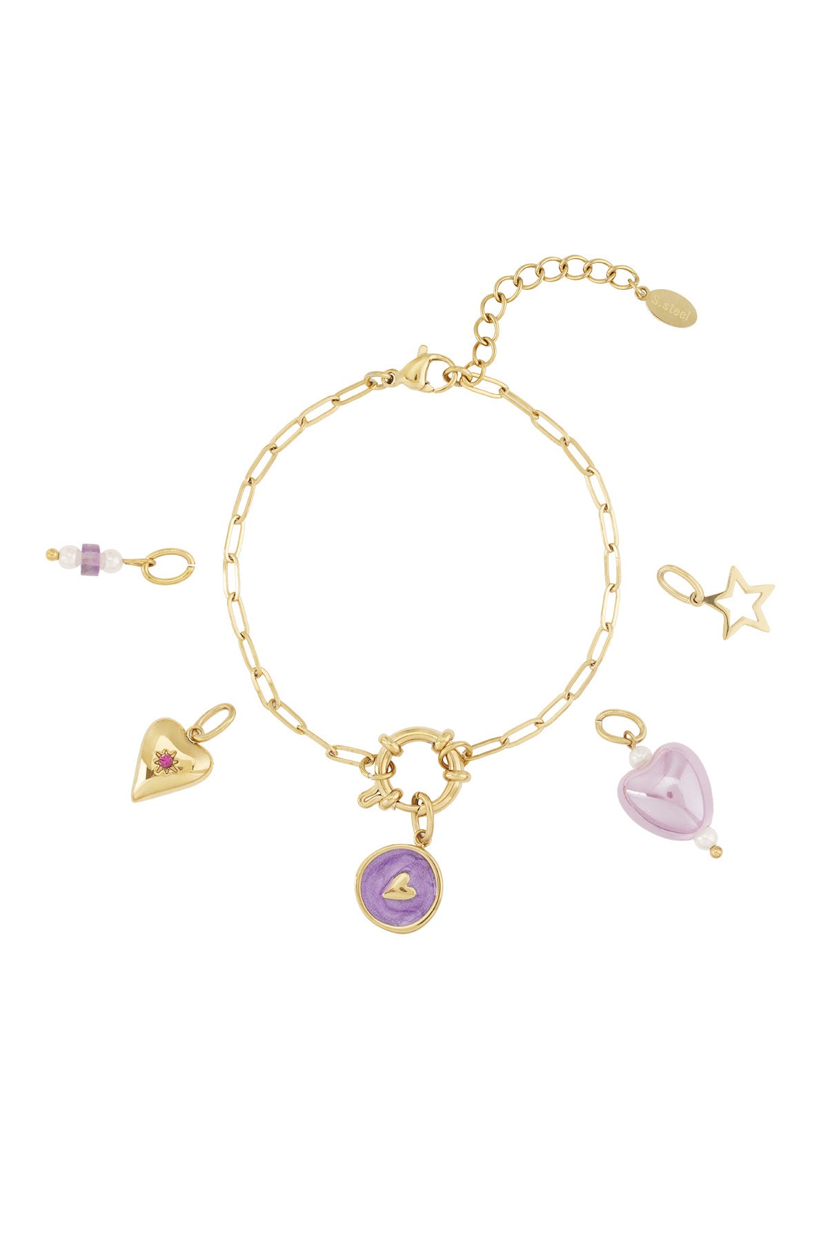 Gold charm bracelet with five interchangeable charms including purple heart, gold heart with pink gem, star outline, enamel circle, and beaded charm