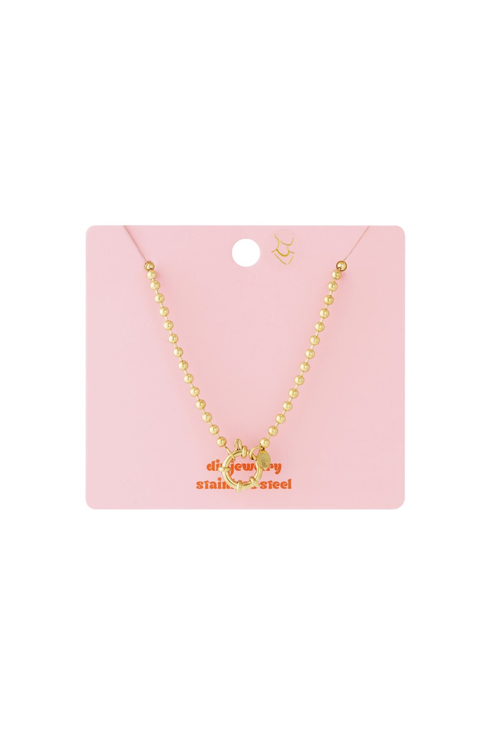 Gold beaded chain necklace with a front-facing circular spring clasp on a pink display card.