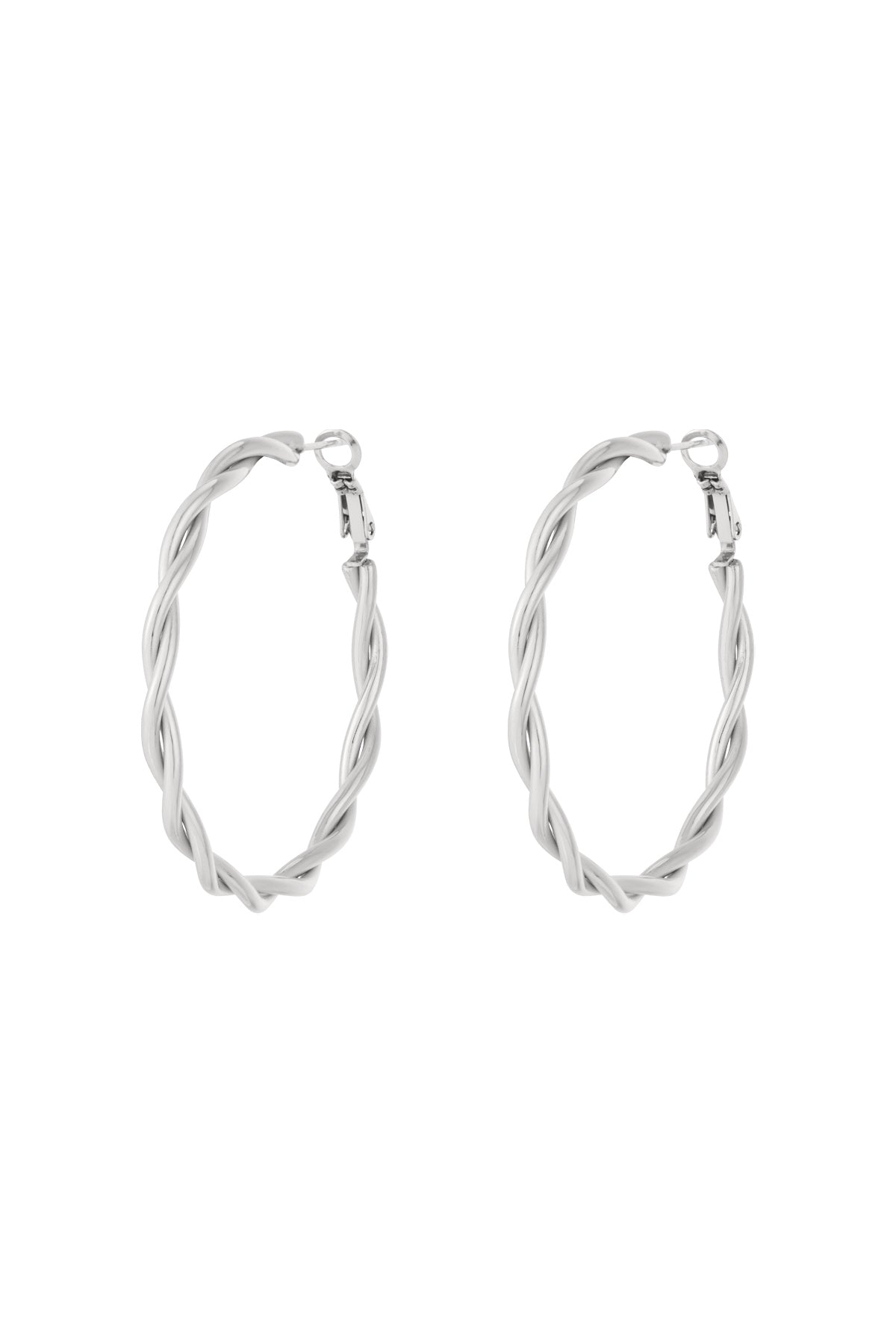 Flat lay of gold twisted oval hoop earrings with latch back closures on white background